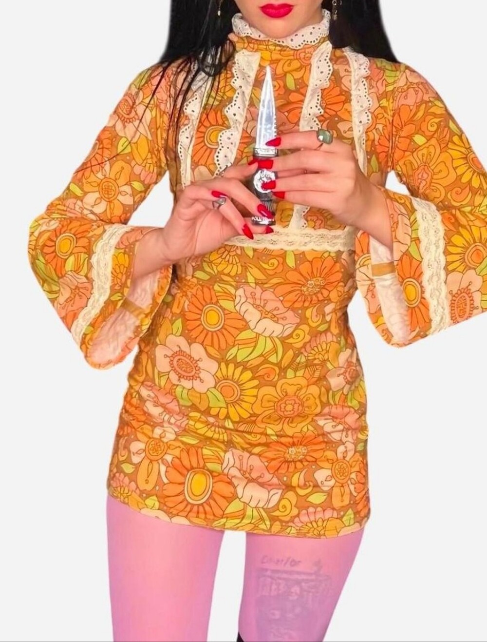 orange/yellow floral 60s style mini dress from OohlalaVintage on Etsy